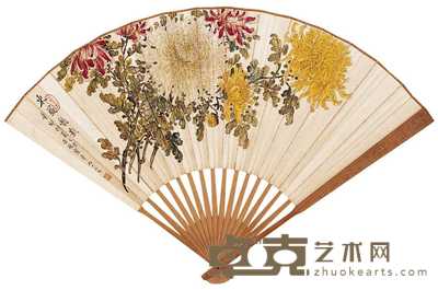 缪谷瑛 红叶馆主 东篱艳影图 小楷 成扇 